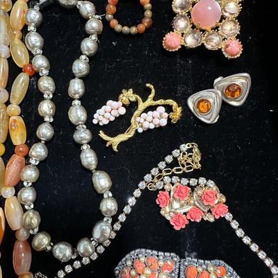 Vintage costume jewelry lot #5 - coral, rhinestone, Czech