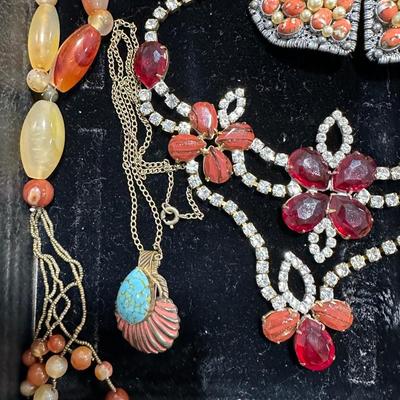 Vintage costume jewelry lot #5 - coral, rhinestone, Czech