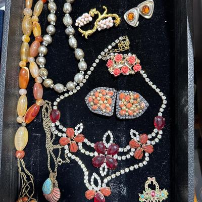 Vintage costume jewelry lot #5 - coral, rhinestone, Czech