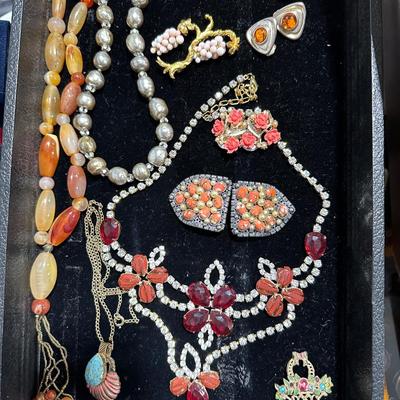 Vintage costume jewelry lot #5 - coral, rhinestone, Czech