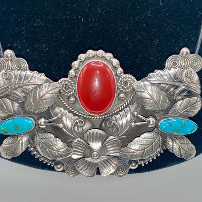 Signed .925 Mexican Silver, Turquoise, and Vermilion Necklace