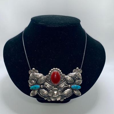 Signed .925 Mexican Silver, Turquoise, and Vermilion Necklace