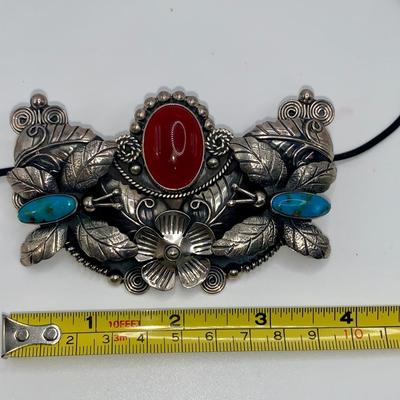 Signed .925 Mexican Silver, Turquoise, and Vermilion Necklace