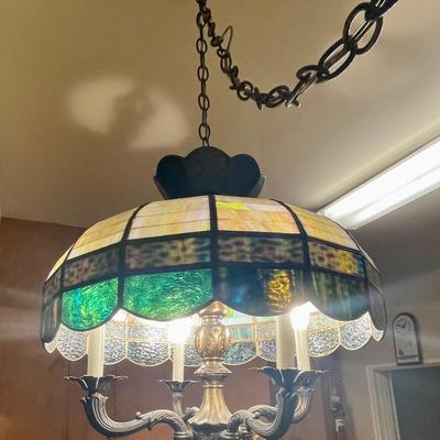 Vintage Large Tiffany Style Hanging Stained Glass Hanging Lamp Green