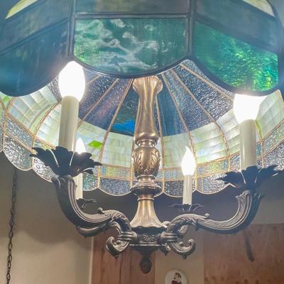 Vintage Large Tiffany Style Hanging Stained Glass Hanging Lamp Green