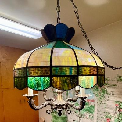 Vintage Large Tiffany Style Hanging Stained Glass Hanging Lamp Green