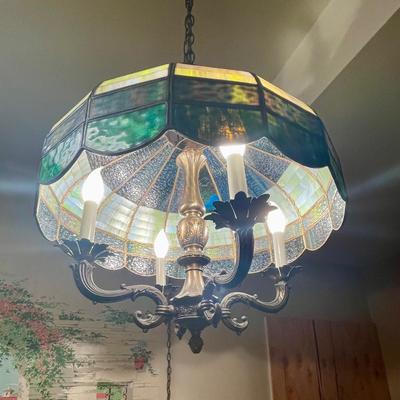 Vintage Large Tiffany Style Hanging Stained Glass Hanging Lamp Green