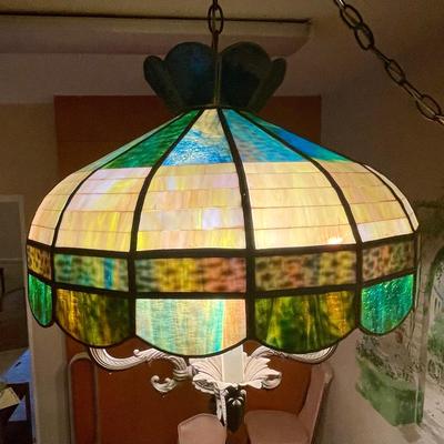 Vintage Large Tiffany Style Hanging Stained Glass Hanging Lamp Green