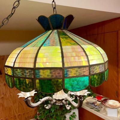 Vintage Large Tiffany Style Hanging Stained Glass Hanging Lamp Green