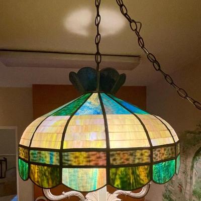 Vintage Large Tiffany Style Hanging Stained Glass Hanging Lamp Green