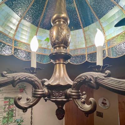 Vintage Large Tiffany Style Hanging Stained Glass Hanging Lamp Green