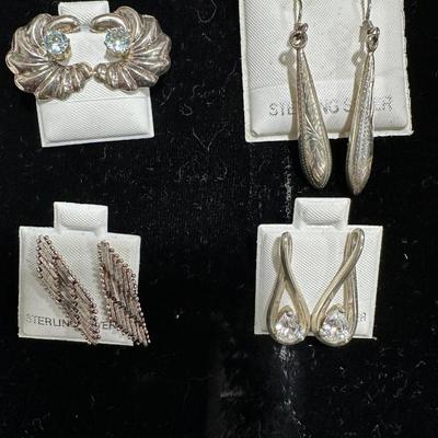 Sterling earring lot. Pierced hoops, drops,