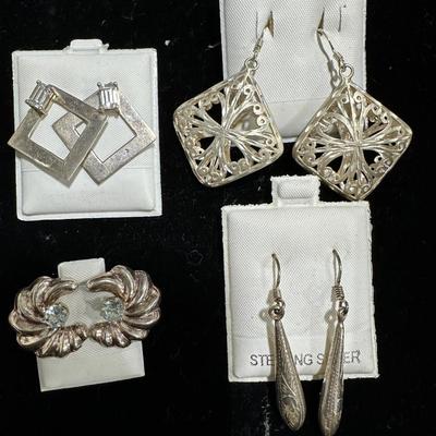 Sterling earring lot. Pierced hoops, drops,