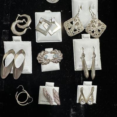 Sterling earring lot. Pierced hoops, drops,
