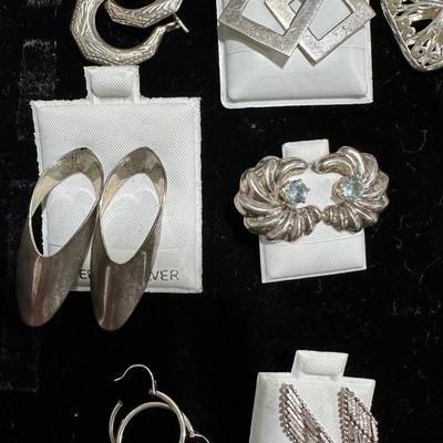 Sterling earring lot. Pierced hoops, drops,