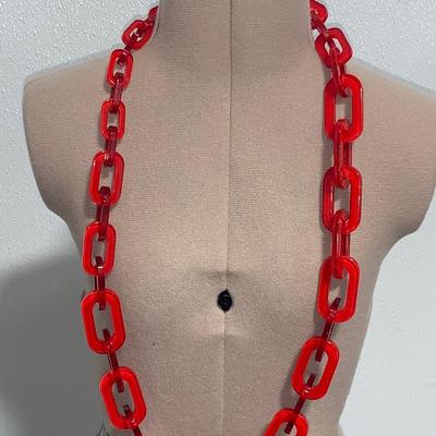 Signed Red Lucite Chain Necklace