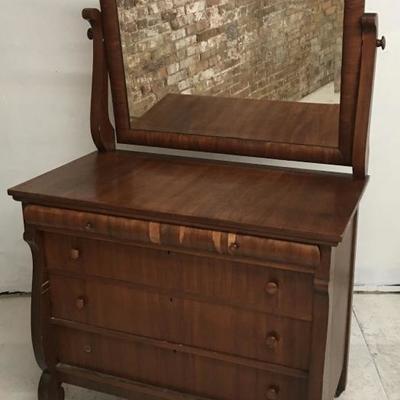 Antique Empire Style walnut burl veneer dresser w/mirror. Lot#5