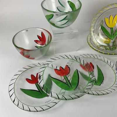 119 Kosta Boda Handpainted Flower Glass Dishes Set by Ulrica Hydman-Vallien