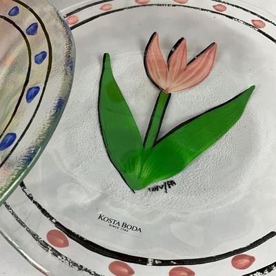 119 Kosta Boda Handpainted Flower Glass Dishes Set by Ulrica Hydman-Vallien