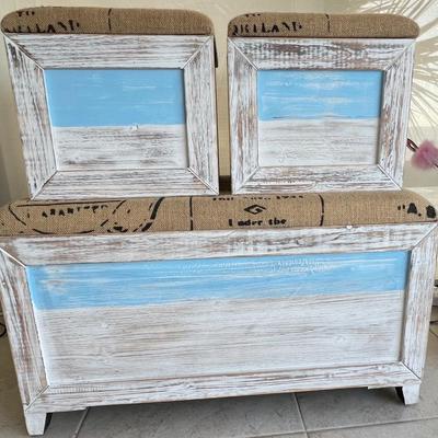 Sale Photo Thumbnail #874: This assortment includes 3 hand painted storage trunks.  All wood and cloth topper construction.  Signs of age related wear.  32"W x 18" H x 17" D.  This item is located another location.  Further arrangements will need to be made to pick up this item. [E