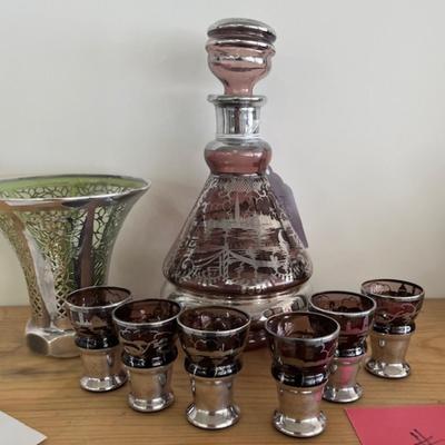 Silver overlay decanter set and vase