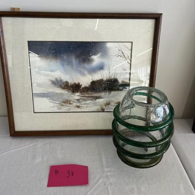 Sale Photo Thumbnail #105: Art glass vase  11 x 9 and watercolor 18 x 22