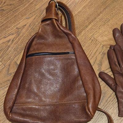 Brown Leather Backpack or Sling Purse and Brown Leather Gloves