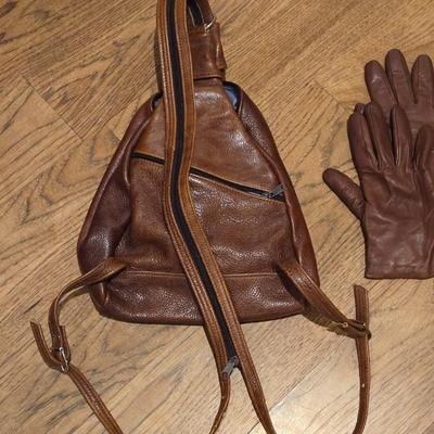 Brown Leather Backpack or Sling Purse and Brown Leather Gloves