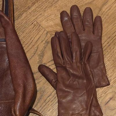 Brown Leather Backpack or Sling Purse and Brown Leather Gloves