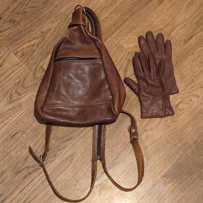 Brown Leather Backpack or Sling Purse and Brown Leather Gloves