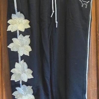 New with Tags Victoria Secret Victoria Sport Skinny Jogger with Silver Embroidered Flower Details