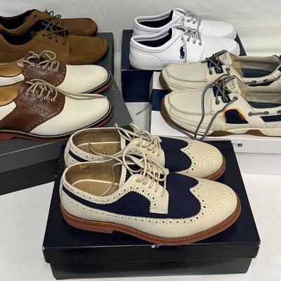 Sale Photo Thumbnail #1088: Includes Polo by Ralph Lauren, Johnston & Murthy, Rockport, and Sperry Topsider. Total of 5 pairs, all in original boxes. Gently used. Size 10.5. [LA]