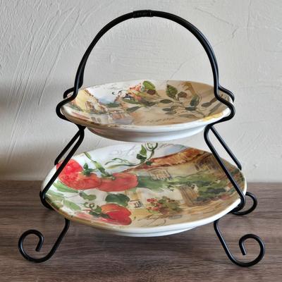 2 Tier Cermaic Server with Metal Stand