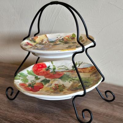 2 Tier Cermaic Server with Metal Stand