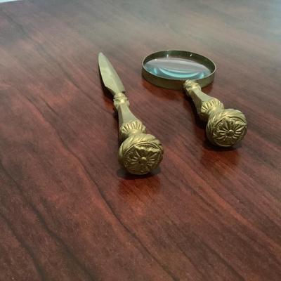 Heavy brass letter opener and magnifying glass