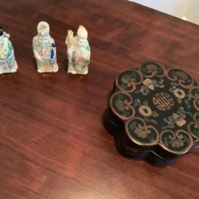 3 Asian figures representing Happy, Good Luck, and Long Life, box