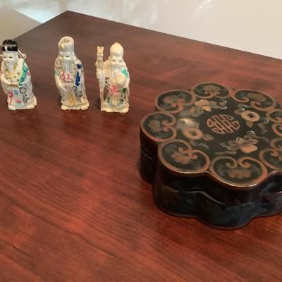 3 Asian figures representing Happy, Good Luck, and Long Life, box