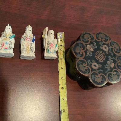 3 Asian figures representing Happy, Good Luck, and Long Life, box