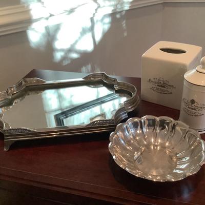 Heavy metal footed mirrored tray 2"H 18"L 10.5"W, tissue box, Pottery Barn container, scalloped tray