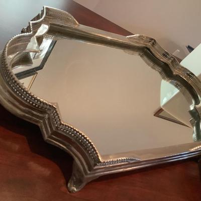 Heavy metal footed mirrored tray 2"H 18"L 10.5"W, tissue box, Pottery Barn container, scalloped tray