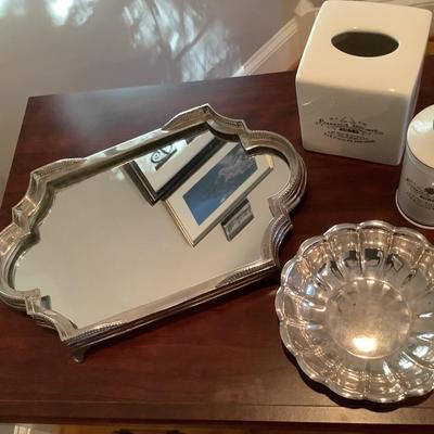 Heavy metal footed mirrored tray 2"H 18"L 10.5"W, tissue box, Pottery Barn container, scalloped tray