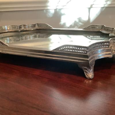 Heavy metal footed mirrored tray 2"H 18"L 10.5"W, tissue box, Pottery Barn container, scalloped tray