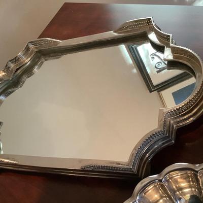 Heavy metal footed mirrored tray 2"H 18"L 10.5"W, tissue box, Pottery Barn container, scalloped tray