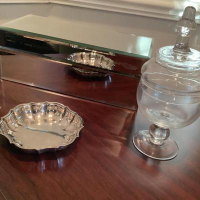 Mirrored box 6"H 14"L 6"W, candy dish, small silver tray