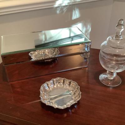 Mirrored box 6"H 14"L 6"W, candy dish, small silver tray