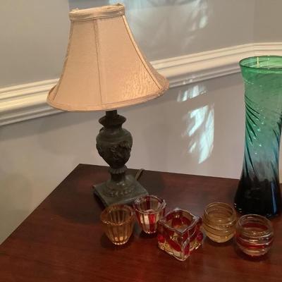 Candle holders, glass vase, lamp