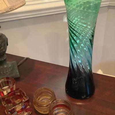 Candle holders, glass vase, lamp