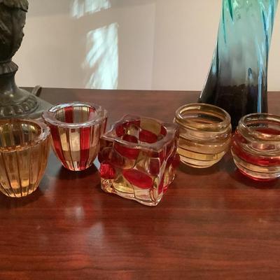 Candle holders, glass vase, lamp