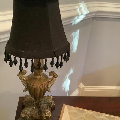 Metal monkey palm tree candleholders, lamp, and tray