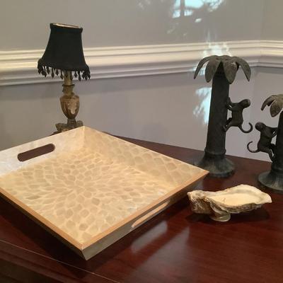 Metal monkey palm tree candleholders, lamp, and tray